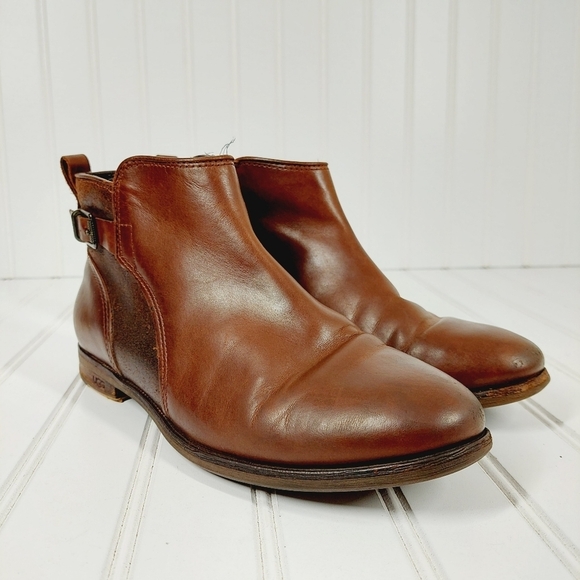 UGG Brown Leather Slip On Buckle Detail Side Zipper Ankle Riding Booties I205 - Picture 4 of 13